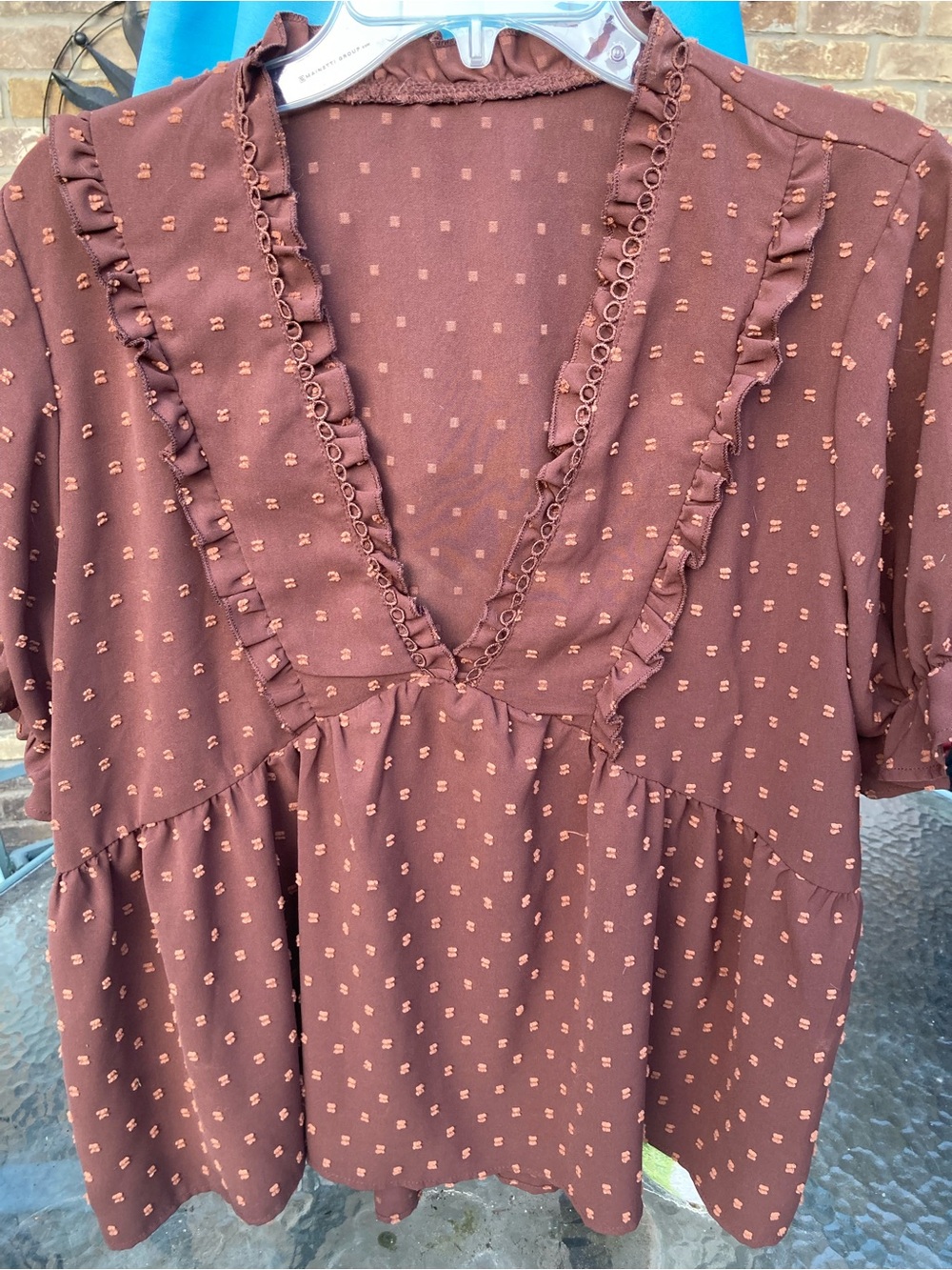 SHEIN Brown Ruffle V-Neck Peasant Blouse